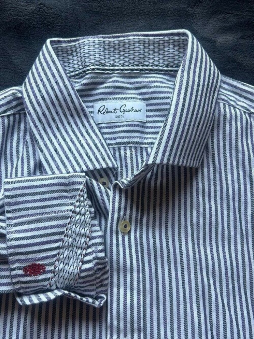 Robert Graham Stripe Long Sleeve Shirt 44 17.5 Cotton White